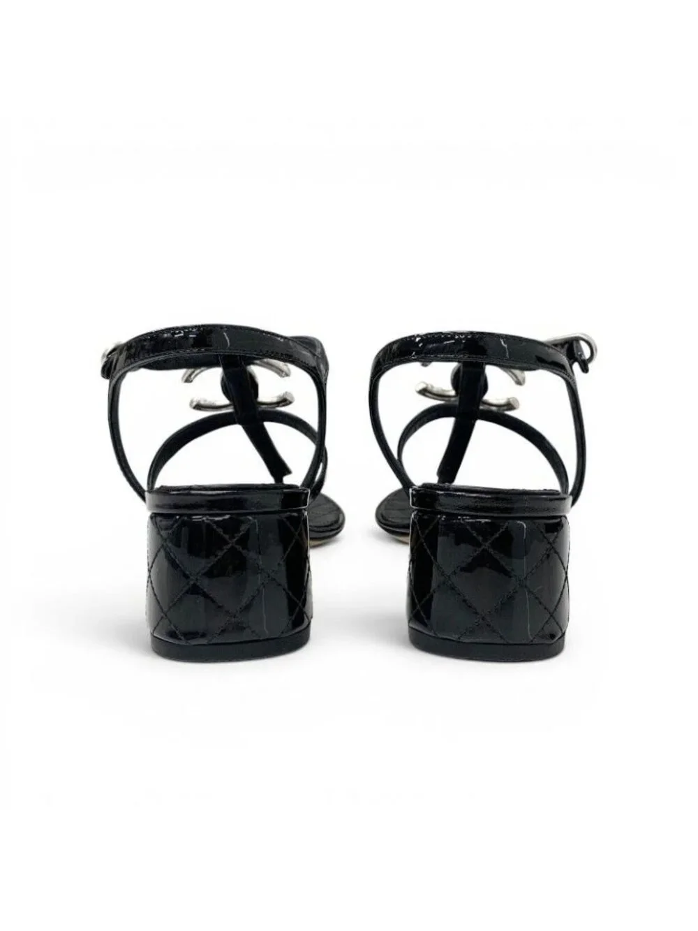 Chanel Sandals Shoes Patent Black Silver CC Logo Camellia Strap Thong